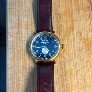 Shinola Runwell 47mm - Gold w/ Navy Blue Face and Brown Leather Strap